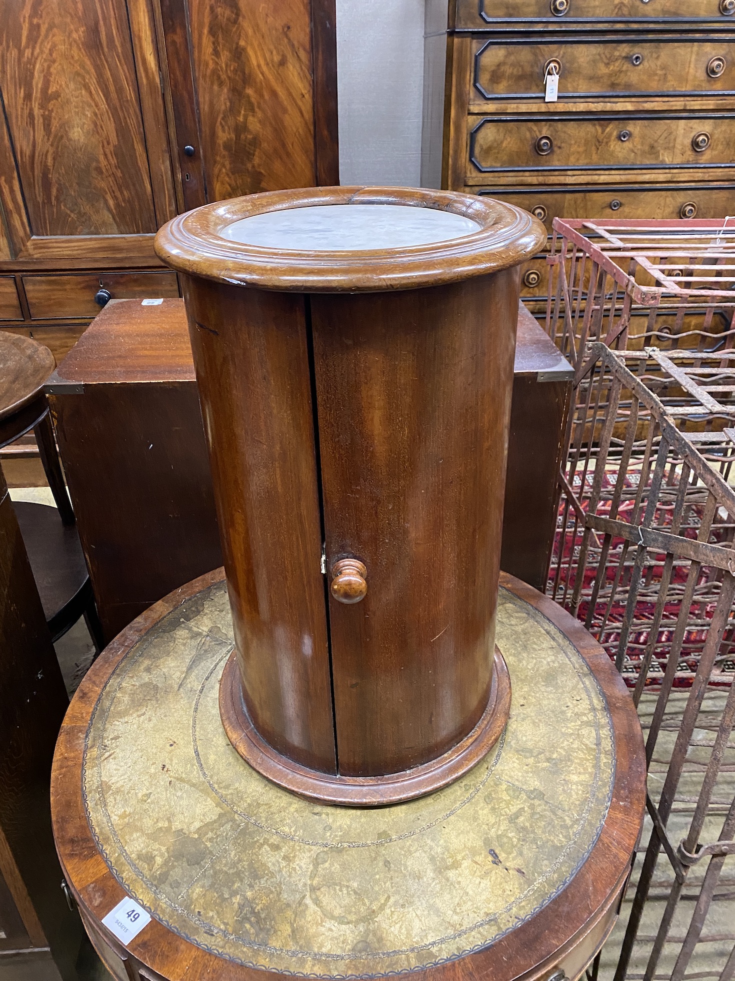 A Victorian mahogany marble top cylindrical bedside cabinet, diameter 37cm, height 62cm